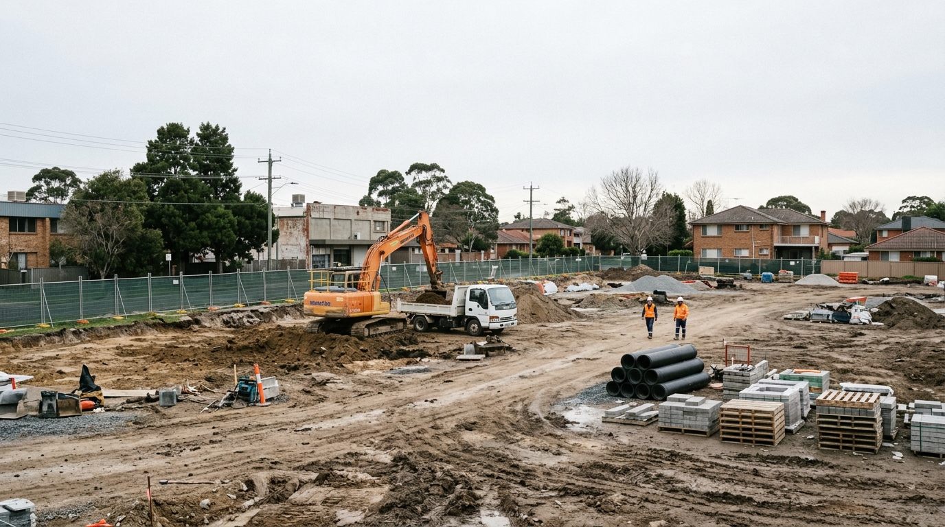 Bulk earthworks and temporary fencing at a town-centre park construction site in Western Sydney, representative of the St Marys Central Park works scheduled from June 2026 to early 2028