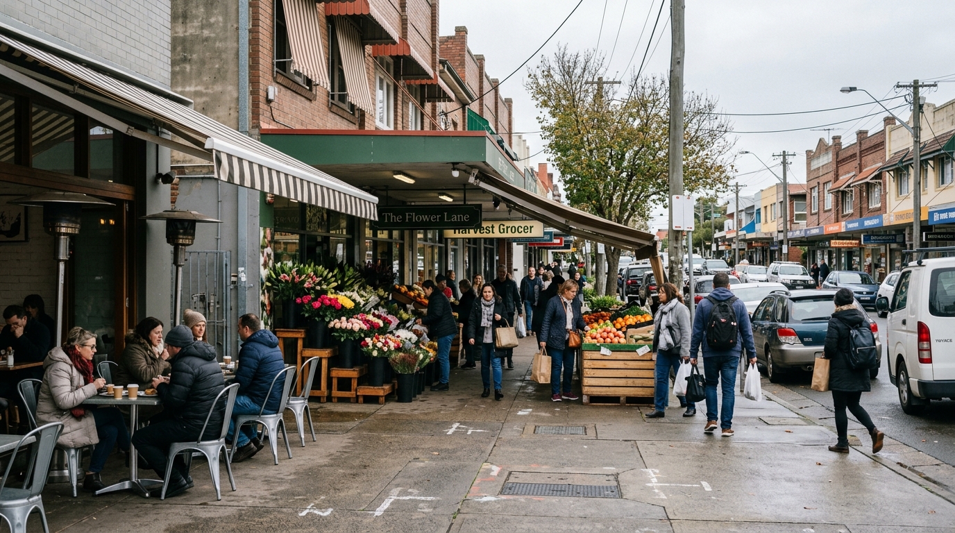 Street-level retail strip with outdoor cafe illustrating NSW commercial real estate retail property performance in 2026