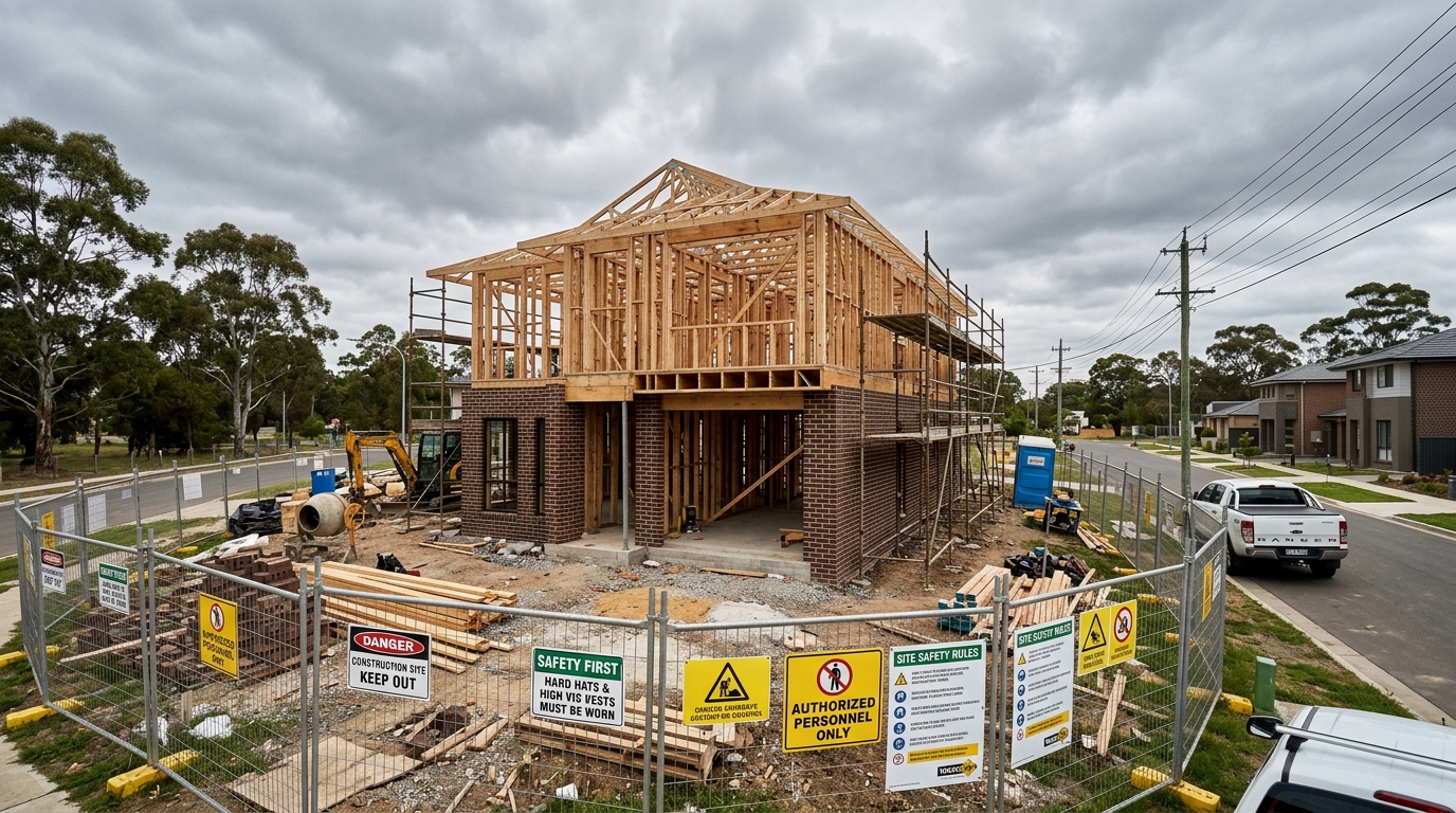 Incomplete suburban construction site showing warning signs of building risk without visible builder branding.