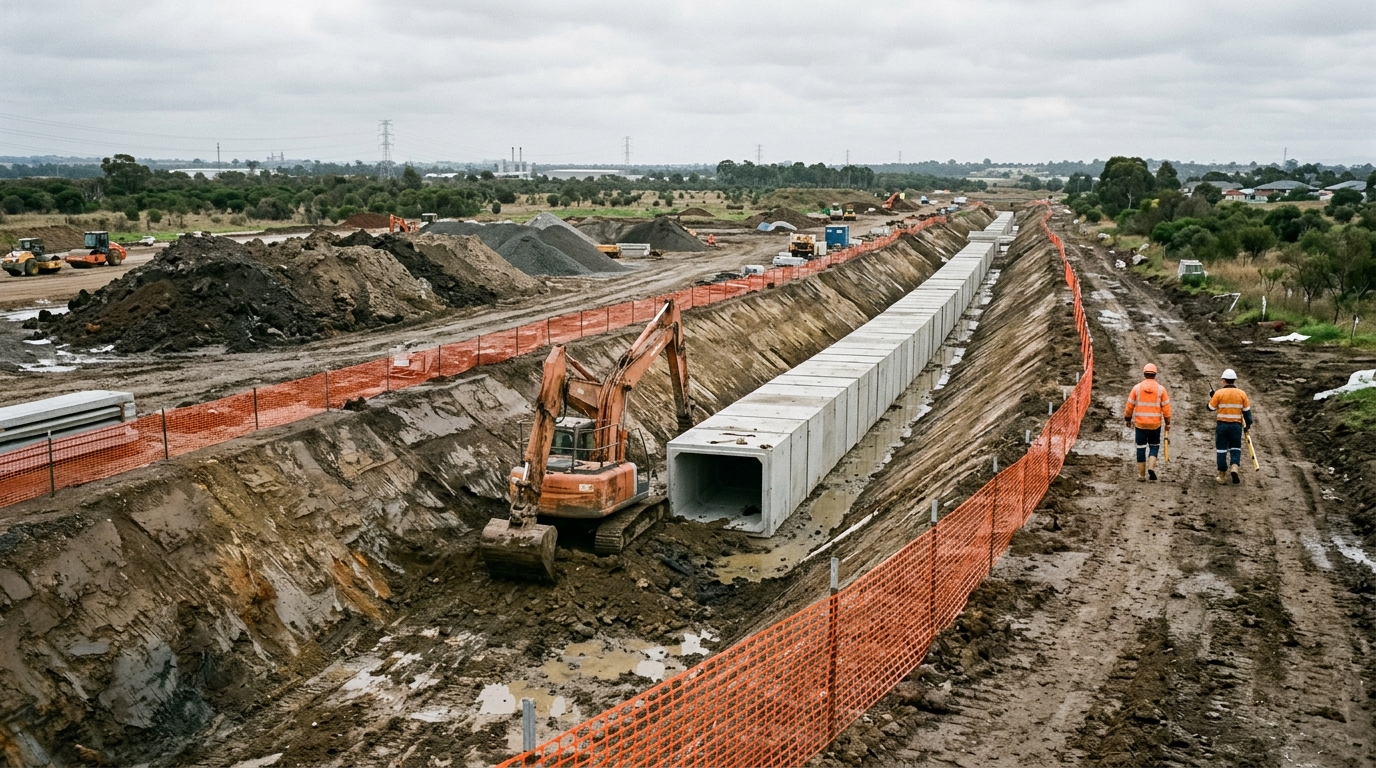 Trunk drainage channel under construction with precast concrete culvert sections and an excavator in Western Sydney