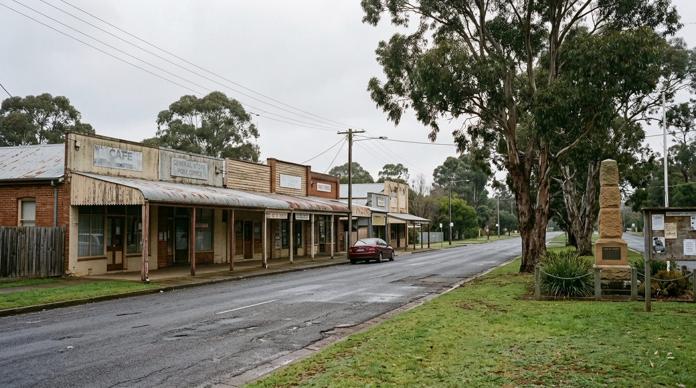 Semi-rural village main street with low single-storey shopfronts, wide verges and mature gum trees