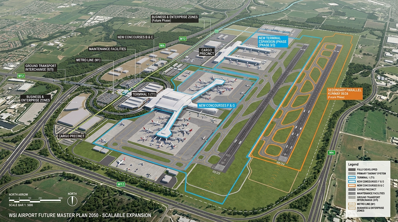 A high-resolution 3D digital architectural schematic rendering demonstrating the scalable future master plan of WSI showcasing the secondary parallel runway and extended terminal fingers outlined cleanly