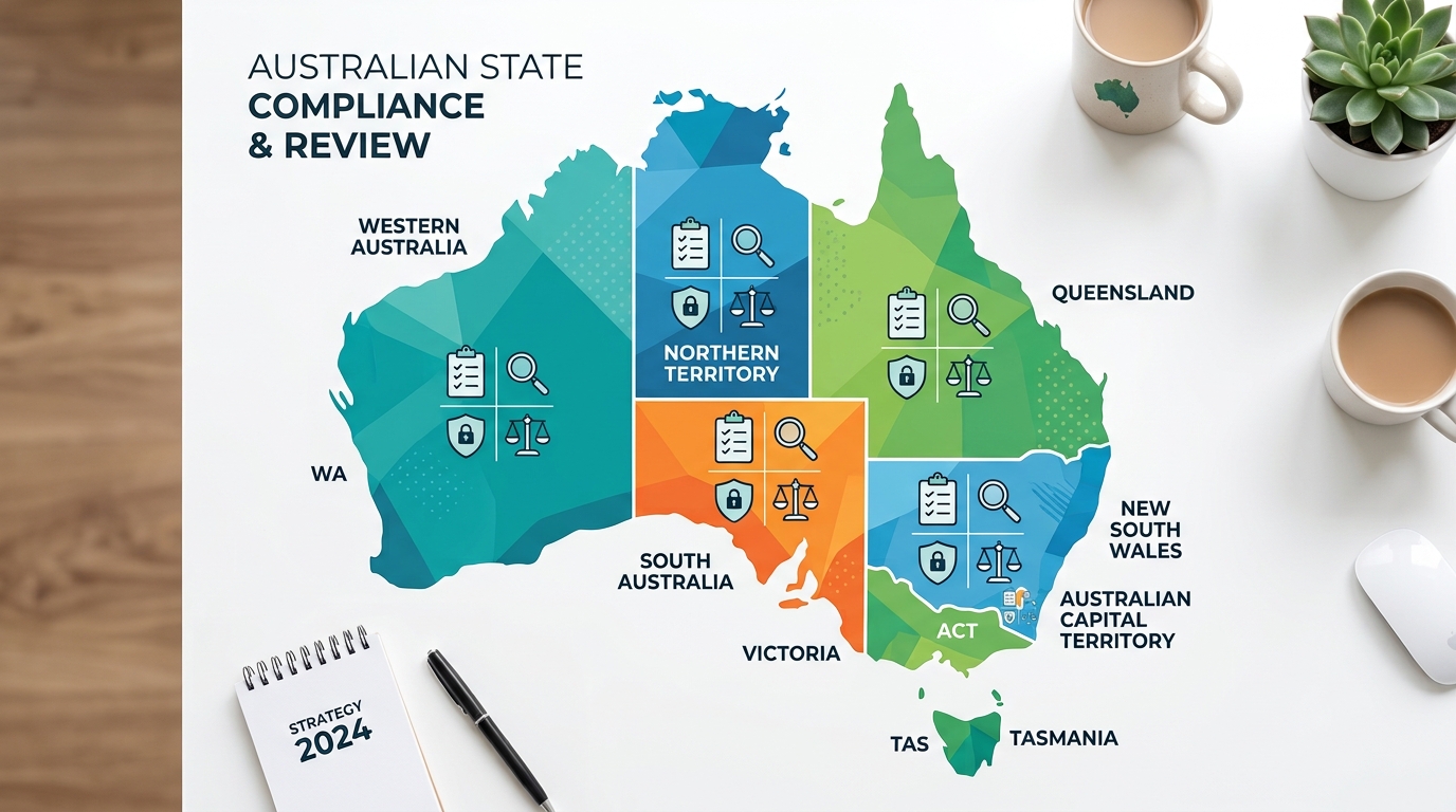 Abstract Australia map with state compliance icons representing builder licence registers across jurisdictions.