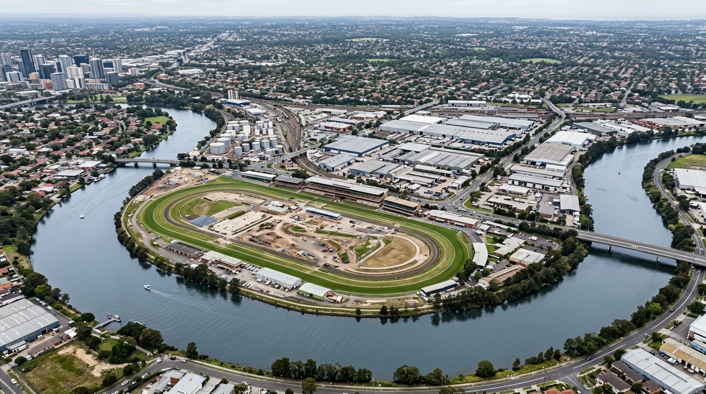 Aerial view of the Camellia industrial peninsula showing the Parramatta River foreshore, former warehouses earmarked for urban renewal and the Camellia-Rosehill precinct boundaries