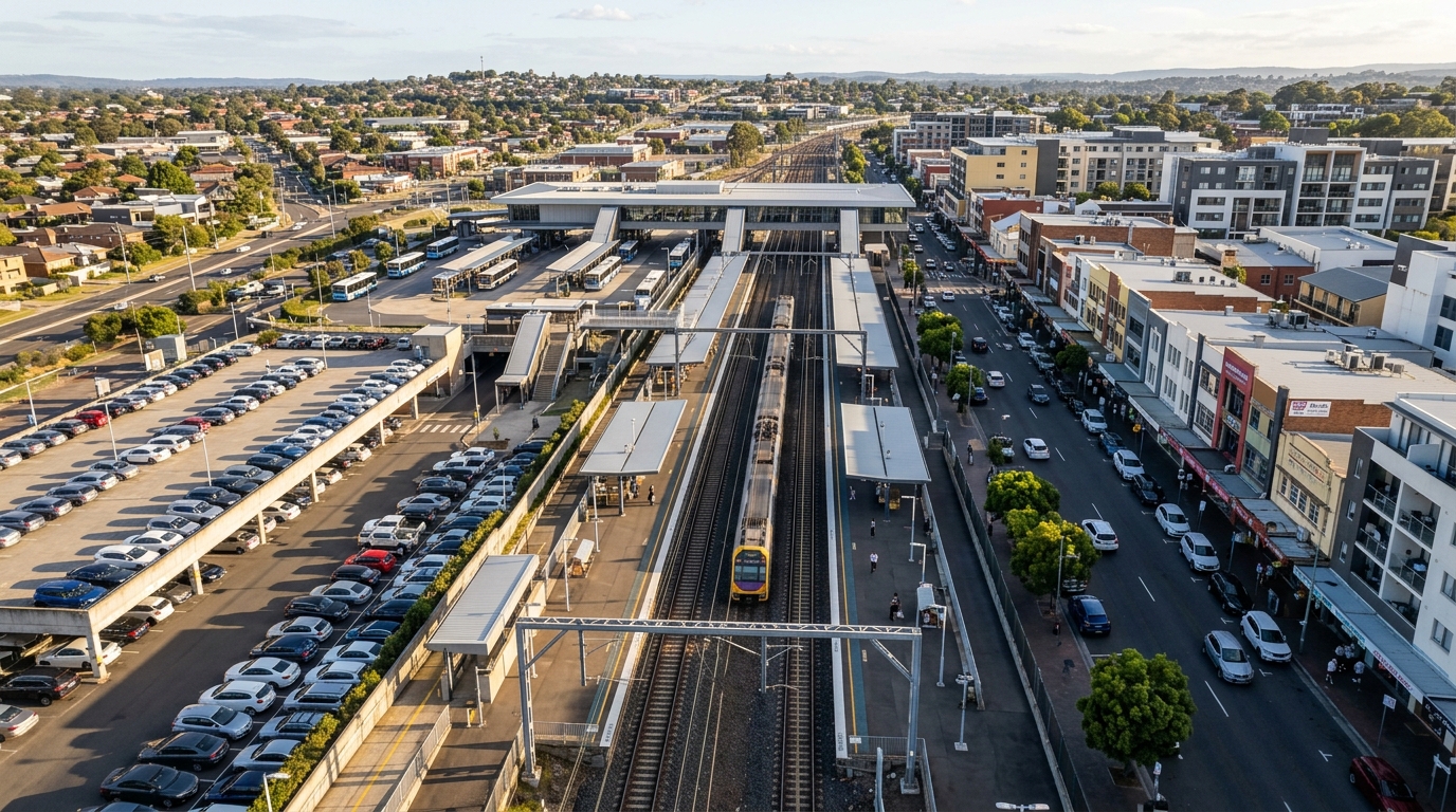 Aerial view of Campbelltown train station on the T8 Airport and South Line, Campbelltown Macarthur development 2026