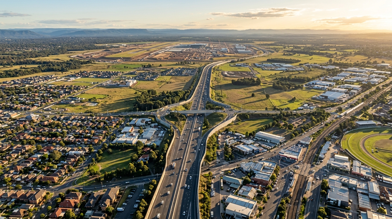 Aerial view of the M7 motorway and Fifteenth Avenue corridor showing the FAST Corridor route between Liverpool CBD and Western Sydney Airport at Badgerys Creek
