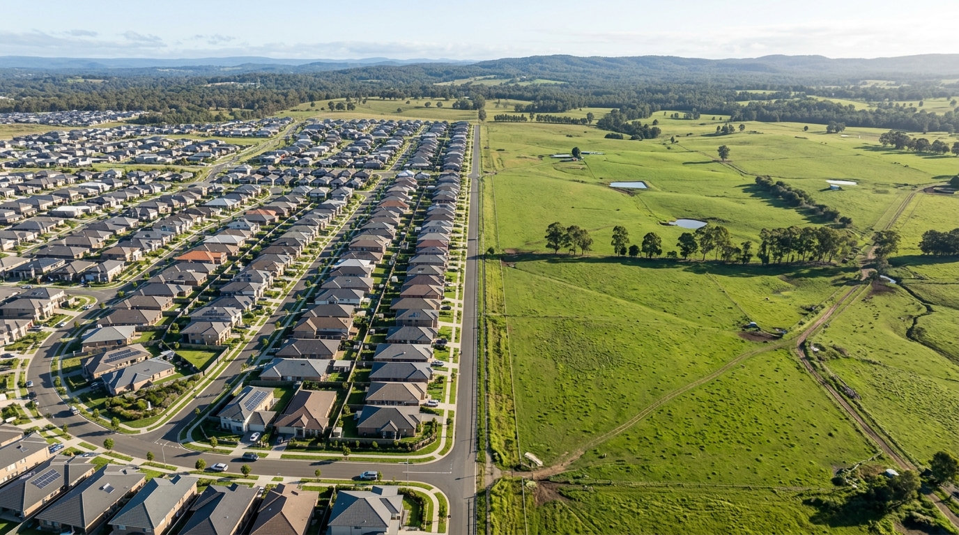 Aerial view of the urban-rural boundary in Camden LGA showing new residential growth meeting existing rural land, Camden Oran Park development 2026
