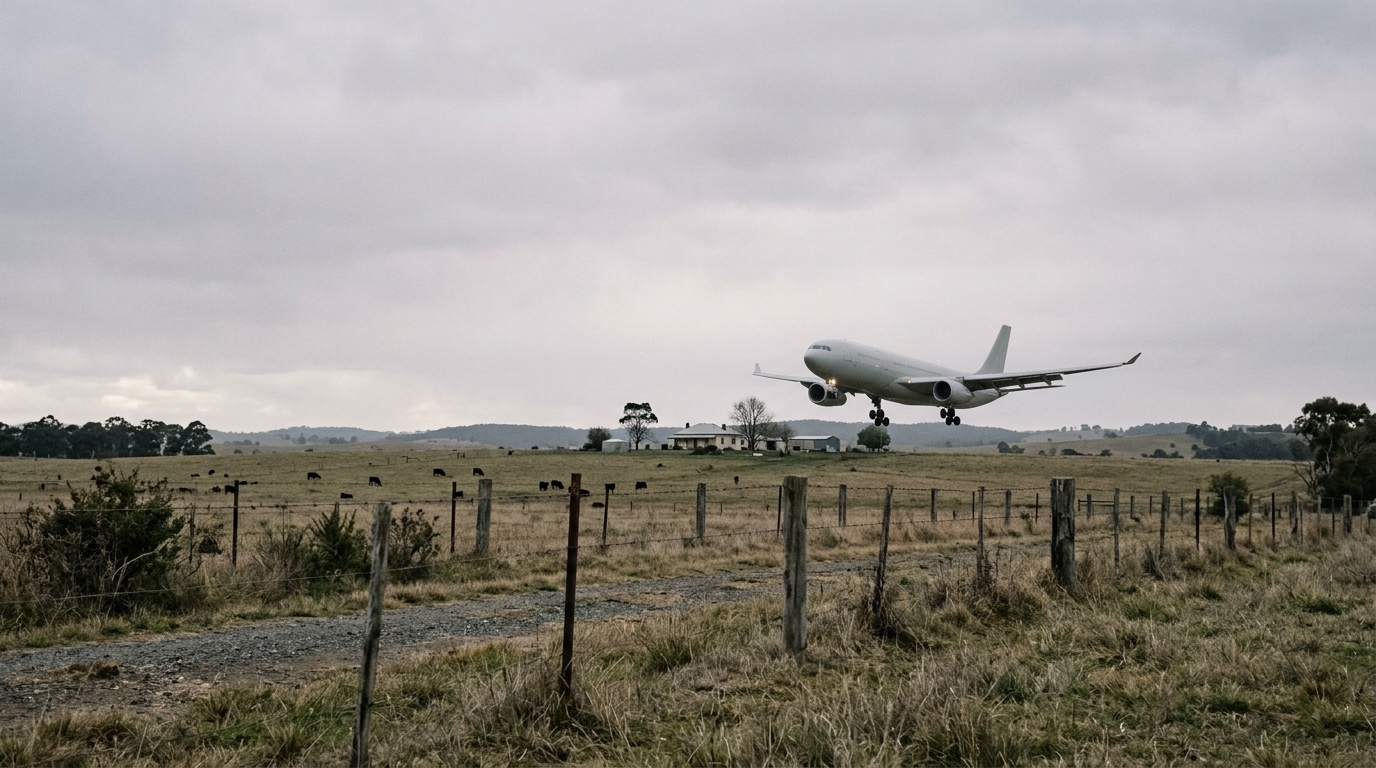 Commercial aircraft on approach low over open rural paddocks and fencing near Western Sydney International Airport