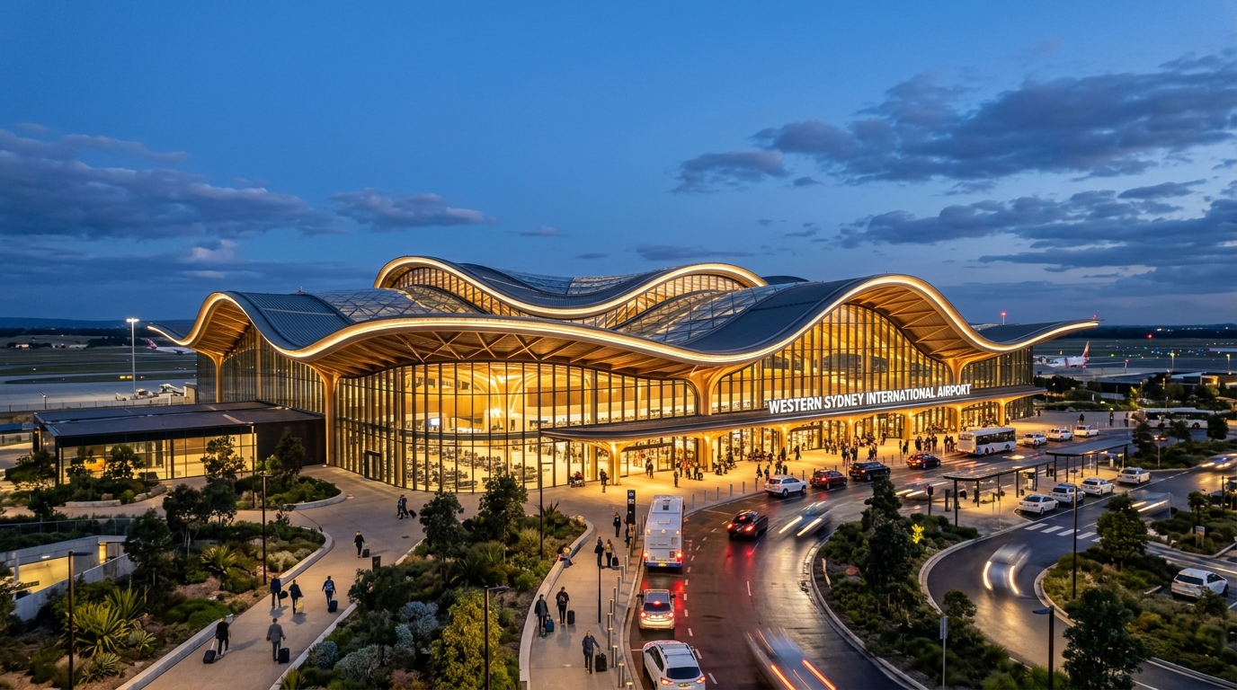 An architectural wide-angle evening shot of the external facade of Western Sydney International Airport showcasing the sweeping rooflines inspired by native Australian flora illuminated beautifully with warm interior light