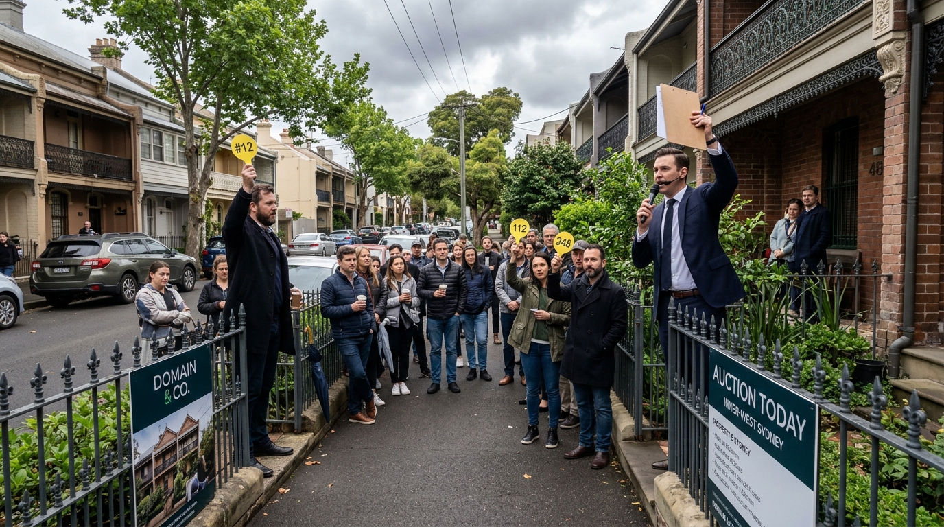 Photo of an auctioneer standing at the front fence of a Sydney house conducting a property auction with a small group of registered bidders gathered on the street