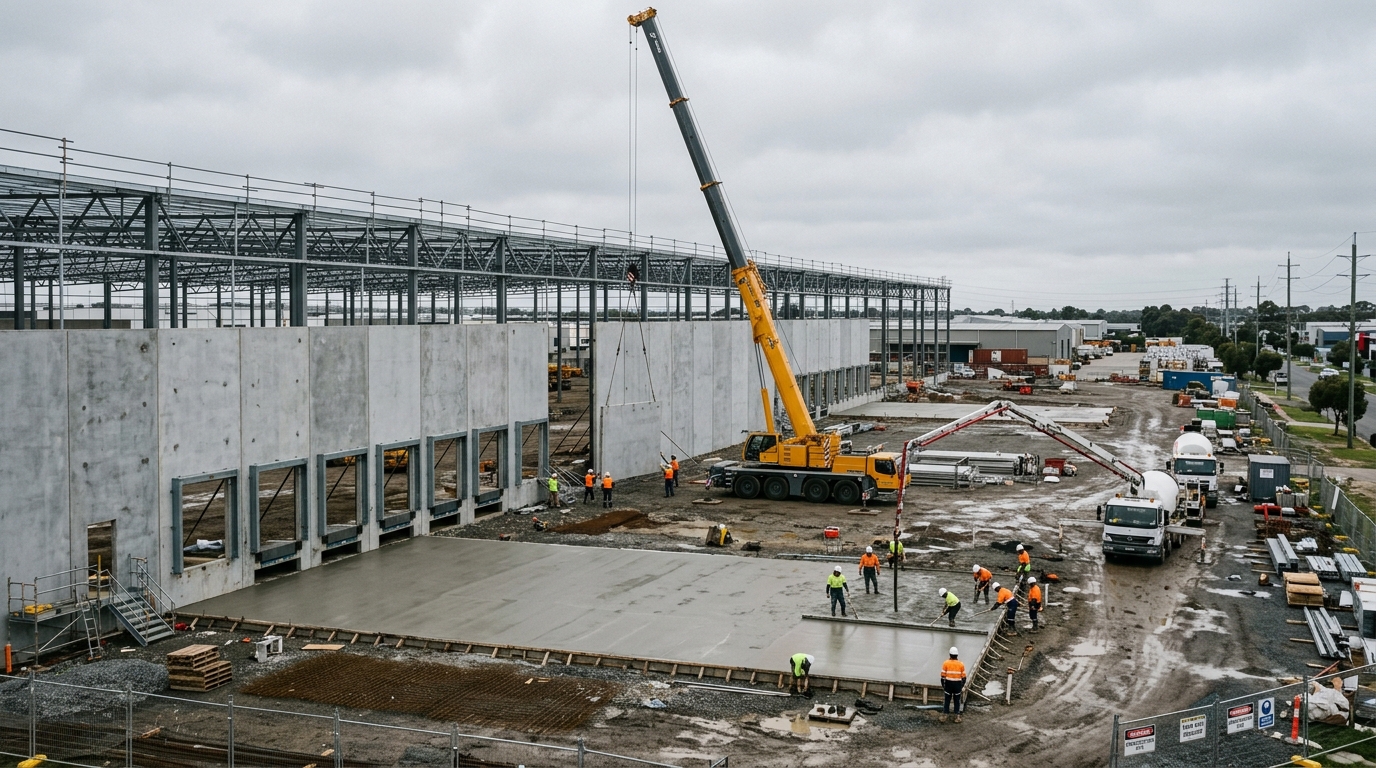 Automated distribution warehouse under construction with precast concrete tilt panels and a mobile crane in Western Sydney
