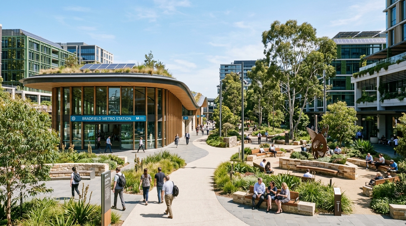 A wide daytimg perspective photo of the landscaped central plaza outside the Bradfield City Centre metro station entrance featuring physical native Australian trees seating areas and modern sustainable architecture