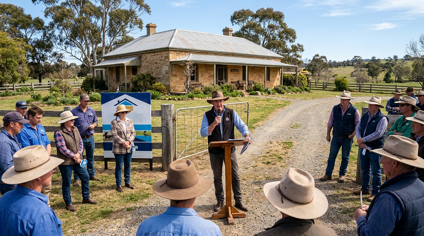 Photo of a rural property auction in an NSW country town with auctioneer at podium outside a timber homestead on cleared land bidders gathered in the foreground sunny day no text photorealistic