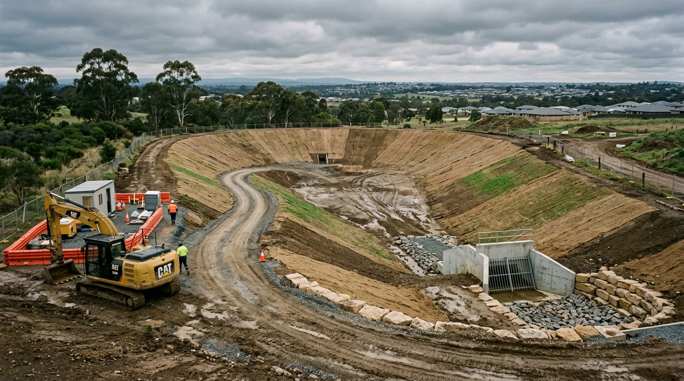 Large stormwater detention basin under construction in Western Sydney with battered sides and a concrete outlet structure