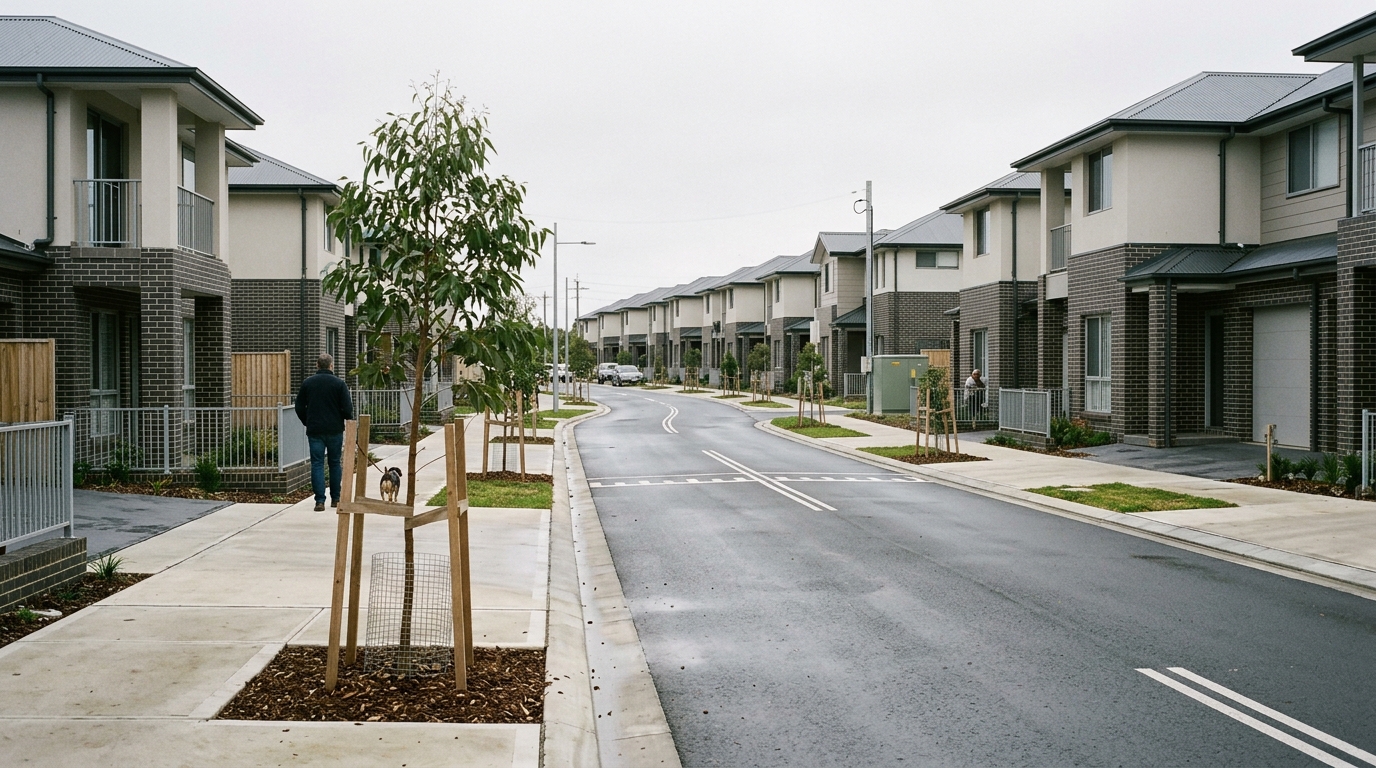 Newly completed two-storey attached townhouses with dark metal roofs on a new street at Edmondson Park