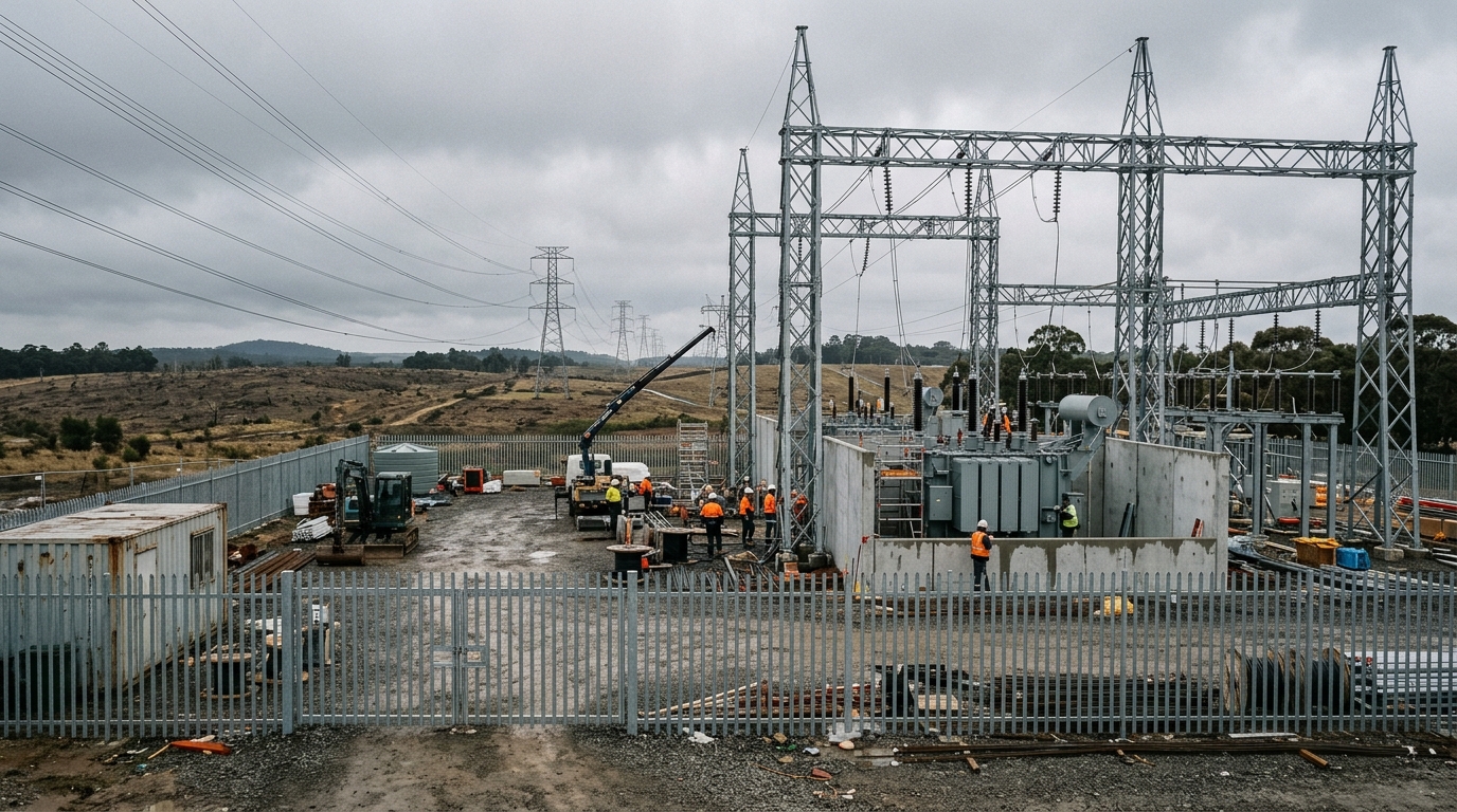 Electrical zone substation under construction in Western Sydney with steel gantries, transformer bays and palisade fencing