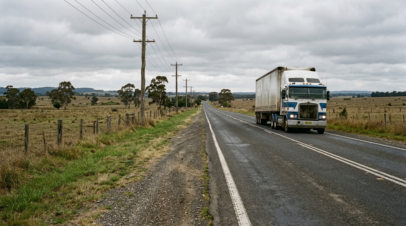 Two-lane arterial road at Luddenham with gravel shoulder, semi-trailer and open paddocks beyond