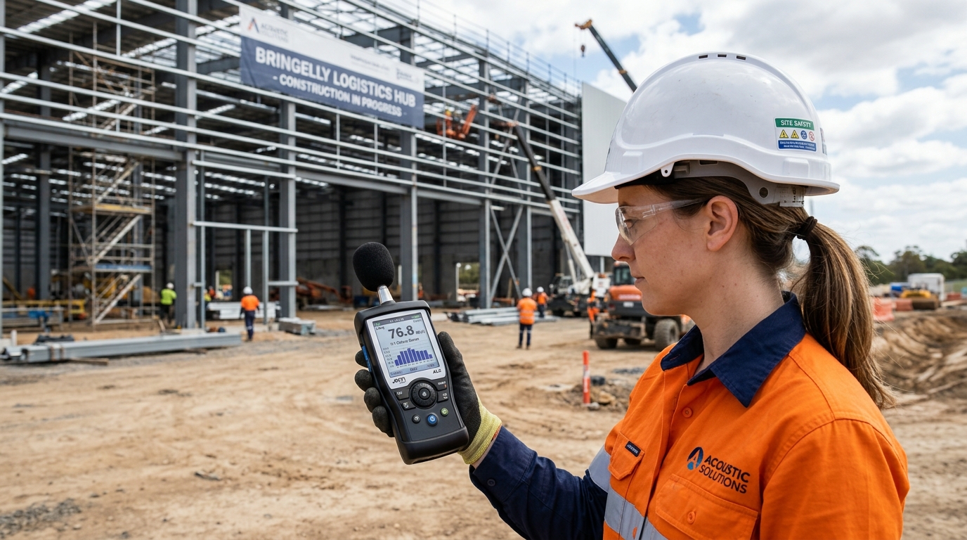 Acoustics engineer holding electronic sound-level meter against background of modern industrial warehouse under construction near Bringelly with technical frequency readouts on clear digital screen