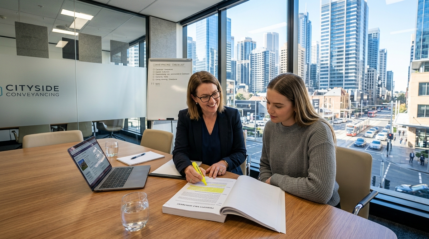 Female conveyancer highlighting contract clauses about unregistered land risks and sunset dates