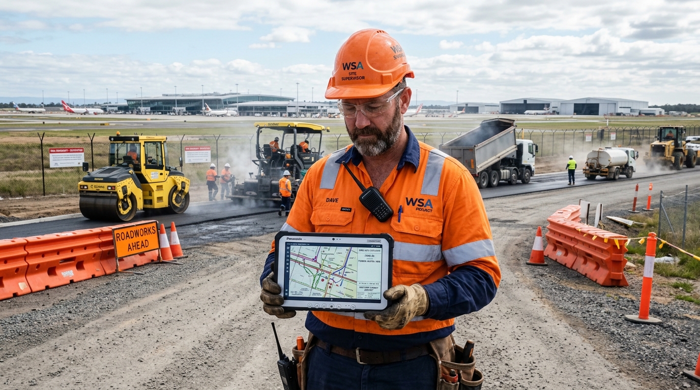 Civil construction foreman holding a digital tablet overlaying utility connection maps against the background of active road resurfacing works near the Western Sydney Airport boundary