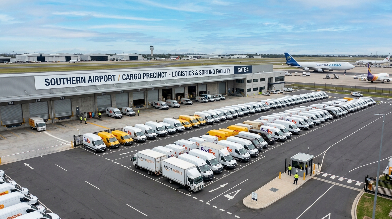 Outdoor daytime wide shot of commercial logistics vans and delivery vehicles lined up neatly outside the primary cargo sorting precinct facility on the southern edge of the airport