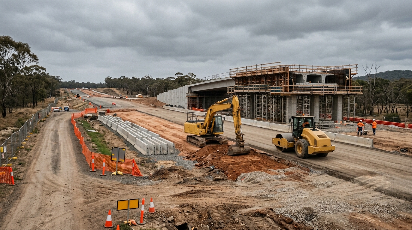 Motorway construction with exposed subgrade, concrete barriers and a partially built overpass in Western Sydney