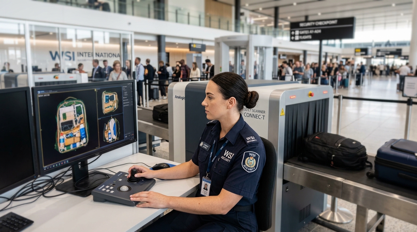 A crisp telephoto shot of an aviation security screening officer operating a modern 3D CT baggage scanner at the primary security checkpoint inside the new WSI terminal