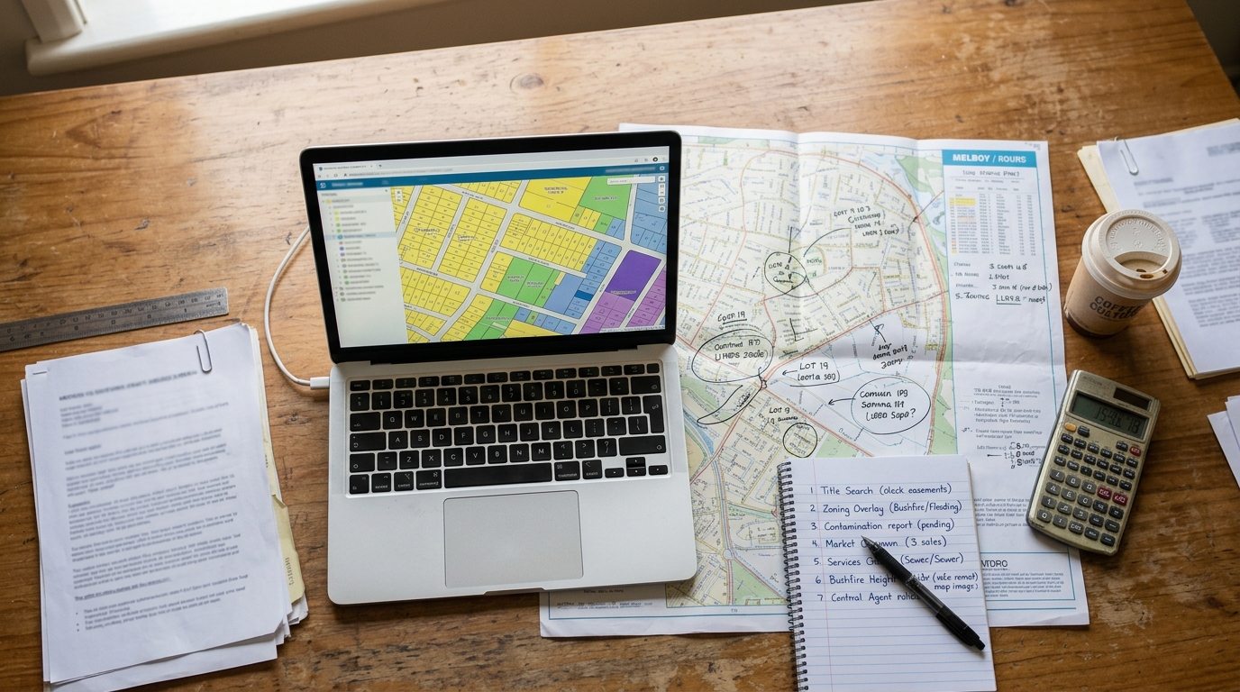 Property research desk with a laptop showing a planning map interface with zoning polygons, printed street maps and a handwritten checklist, illustrating parcel-level due diligence for St Marys