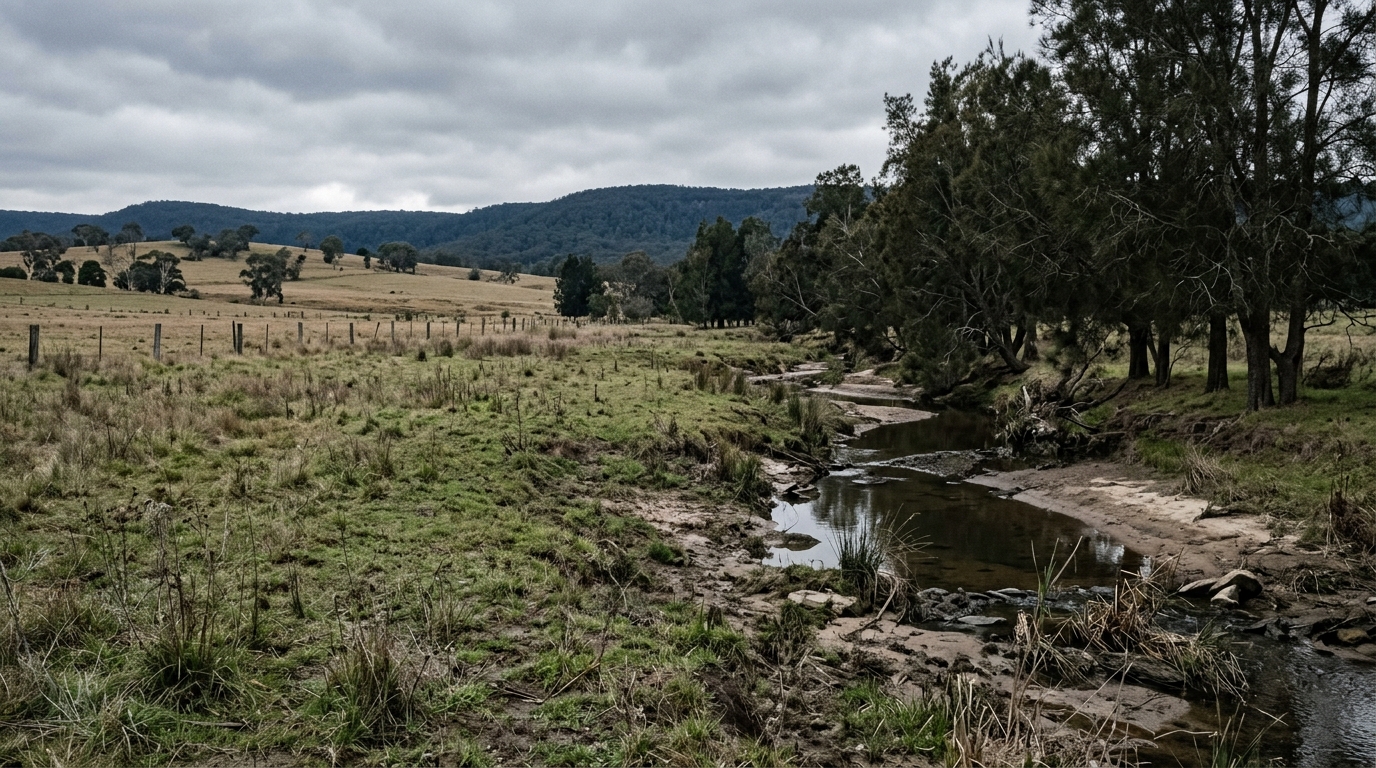 Open grassed floodplain beside an intermittent creek with casuarinas in outer Western Sydney