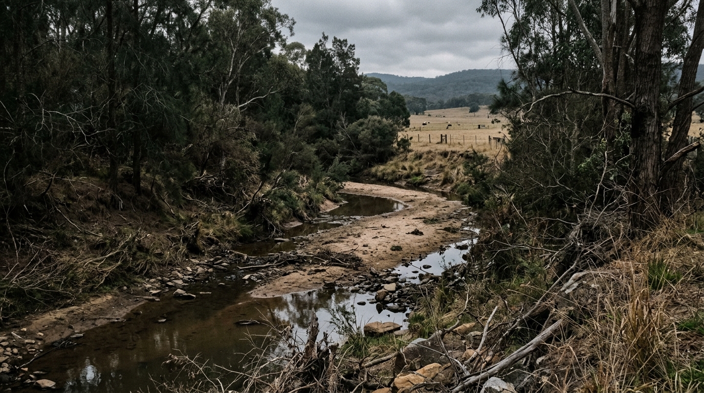 Intermittent creek line with sandy bed and riparian vegetation in outer Western Sydney