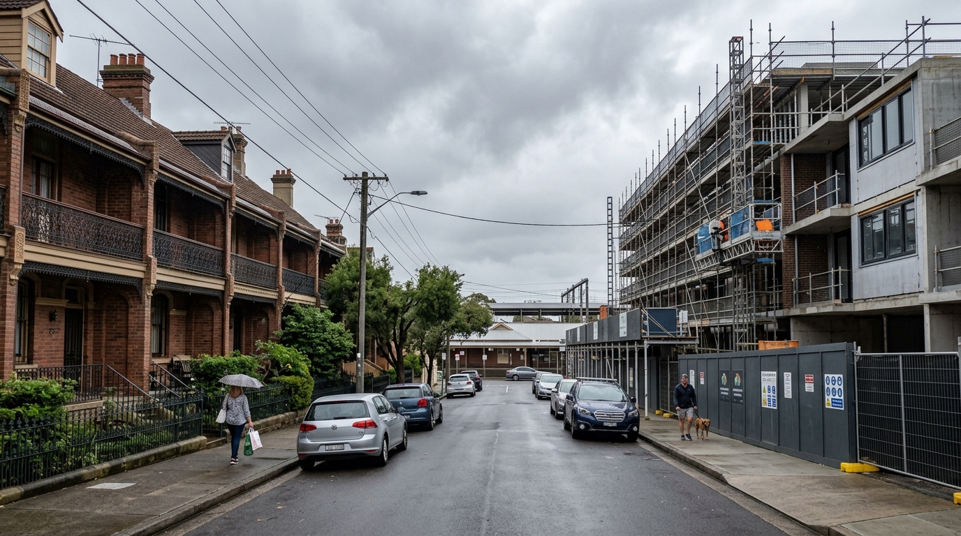 Sydney suburban street near a train station subject to TOD rezoning NSW with visible development activity