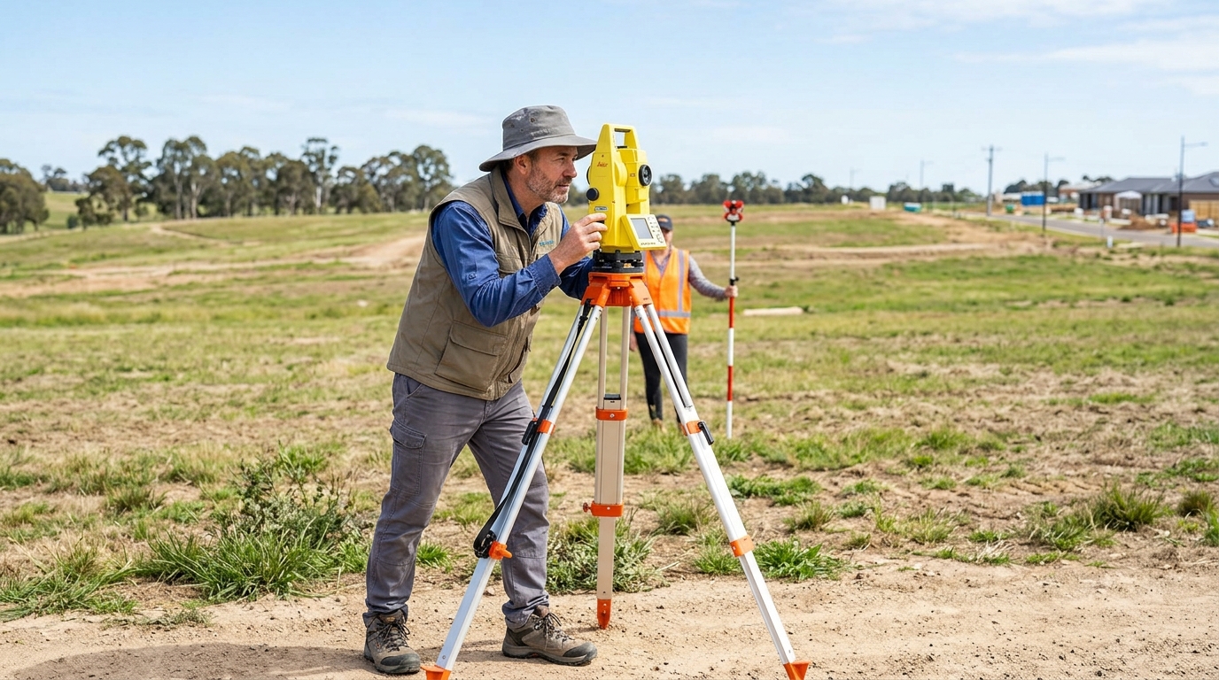 Property surveyor using electronic total station on cleared land in the Leppington growth corridor