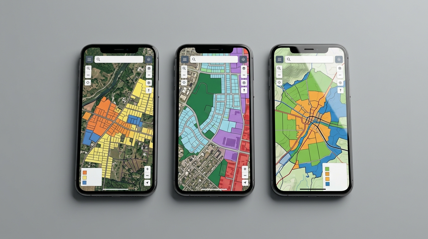 Three smartphones displaying official property hazard maps for flood bushfire and planning risk checks