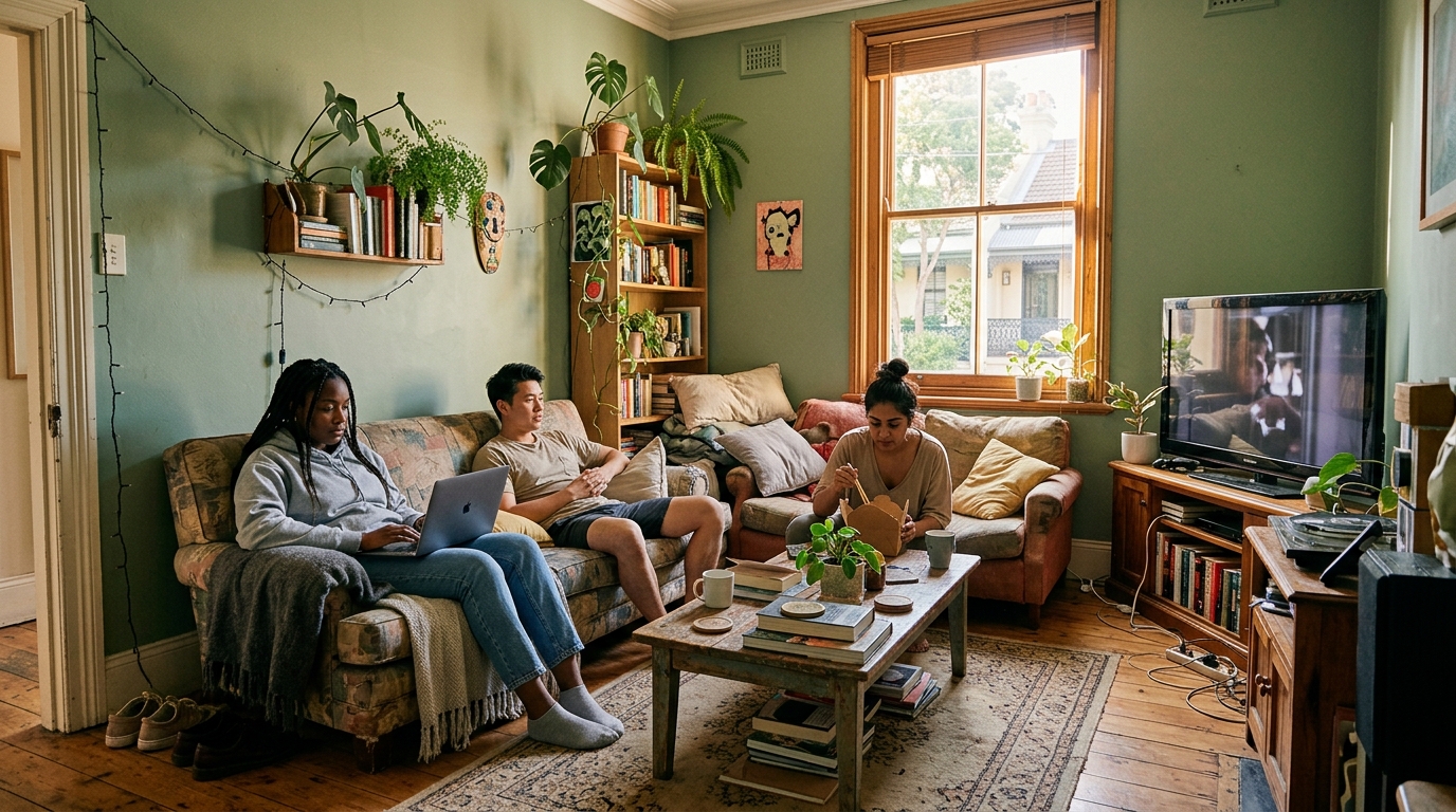 Three adults sitting together in a shared lounge room, reflecting rising share-housing amid rental affordability pressure