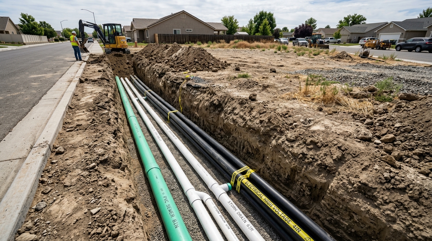 Utility connection trenches for water sewer electricity and communications leading into a new Australian residential block
