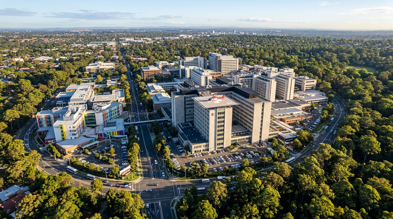 Aerial view of the Westmead Health Precinct showing Westmead Hospital, the Children's Hospital at Westmead and the medical research campus adjacent to Parramatta CBD