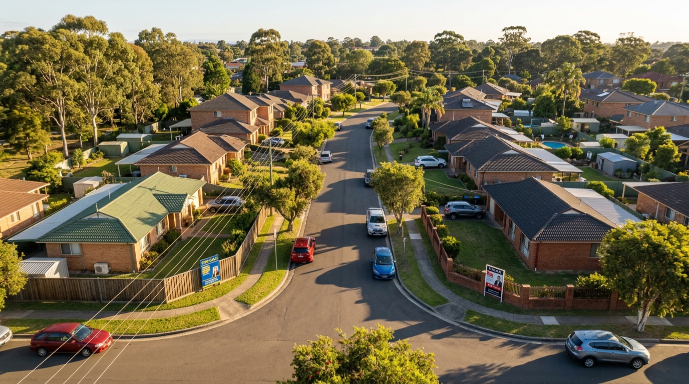 Aerial drone photograph at 120 metres altitude over a Sydney suburban street of detached houses with terracotta tile roofs and green lawns taken at midday in clear conditions showing neat residential blocks stretching to the horizon with no people visible