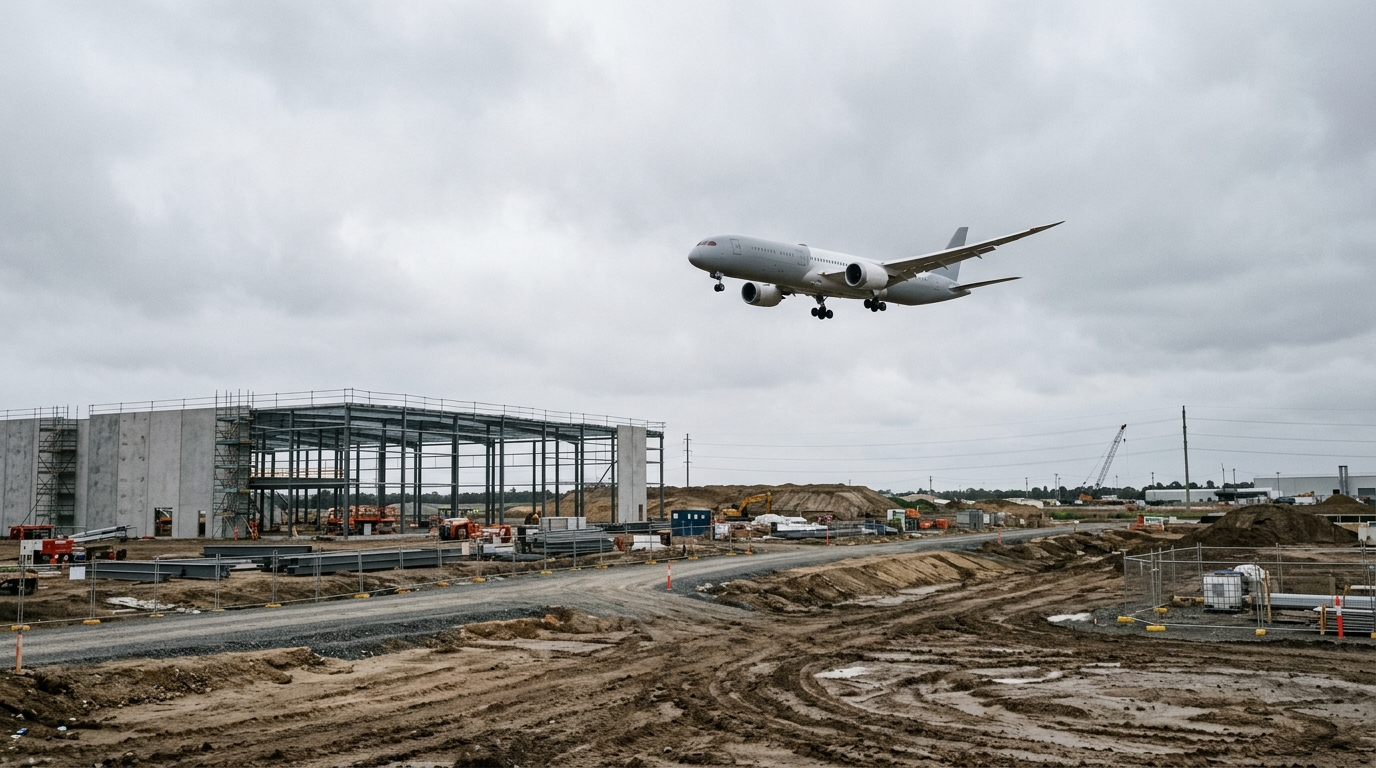 Commercial aircraft on final approach above cleared industrial land near Western Sydney International Airport