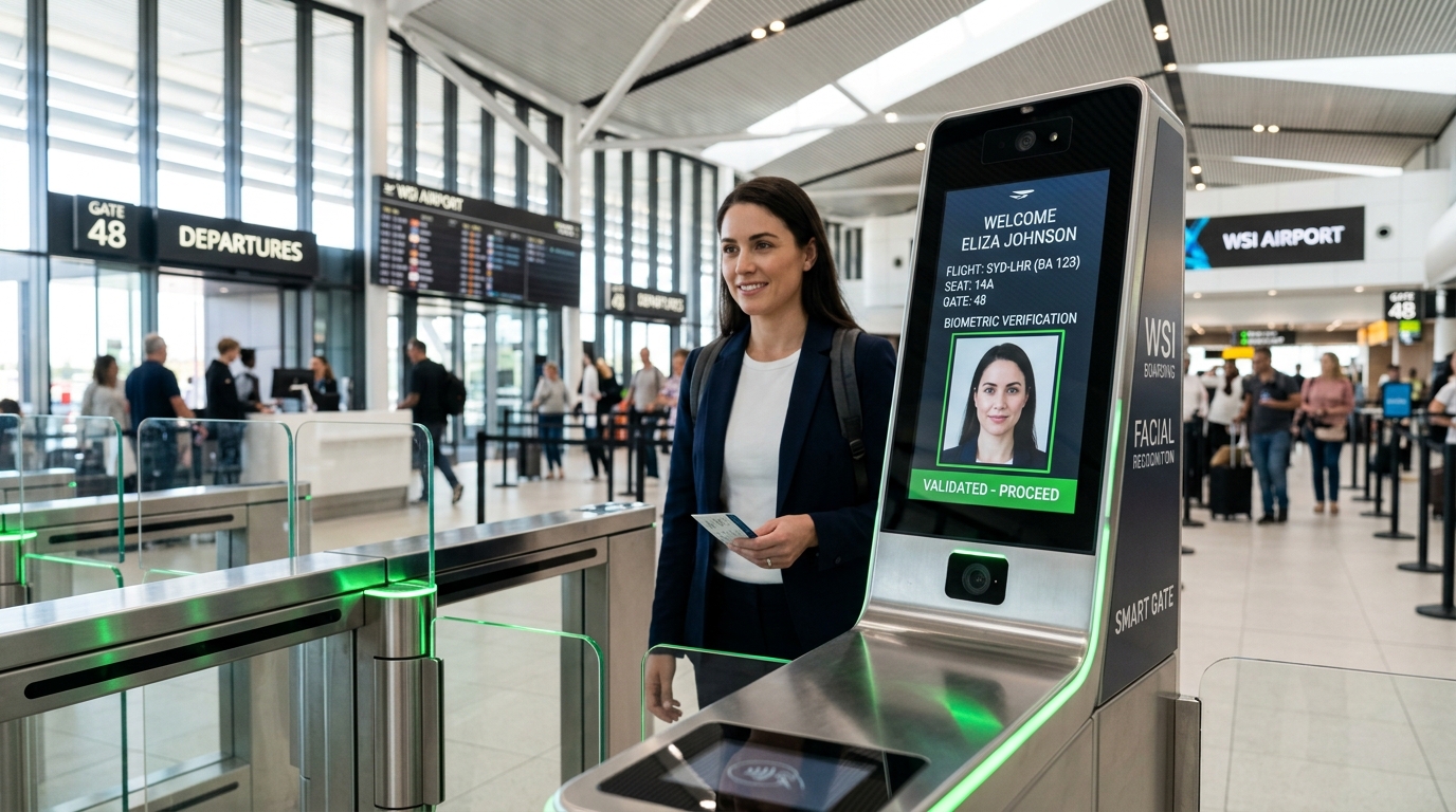 A close-up view of a sleek biometric facial recognition boarding gate inside the WSI terminal displaying a clean digital interface and subtle green indicator lights under a bright modern ceiling