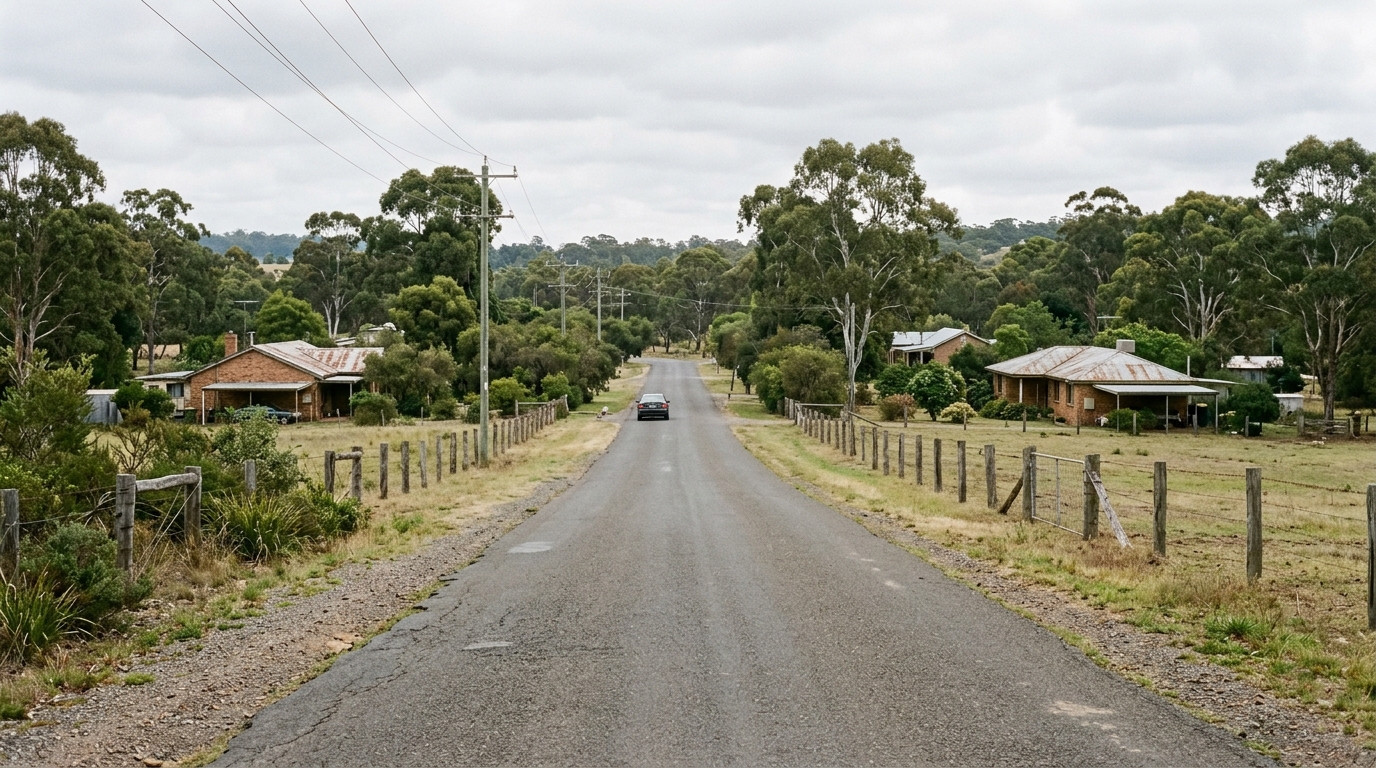 Rural residential road at Bringelly with post and wire fencing, large lots and open paddocks