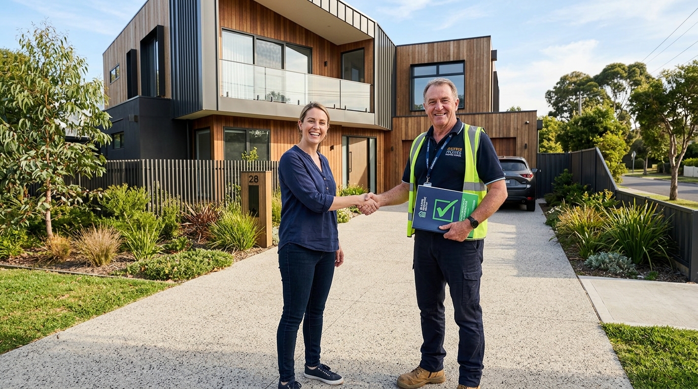Building inspector and homeowner handover scene with checklist and keys after construction due diligence.