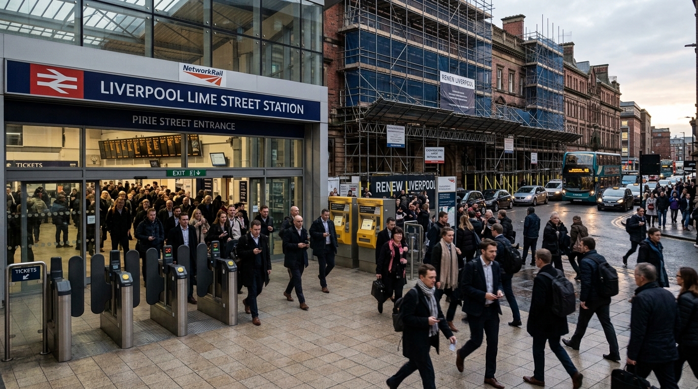 Commuters at Liverpool train station in 2026 with T3 line platforms and the FAST Corridor connections to Western Sydney Airport