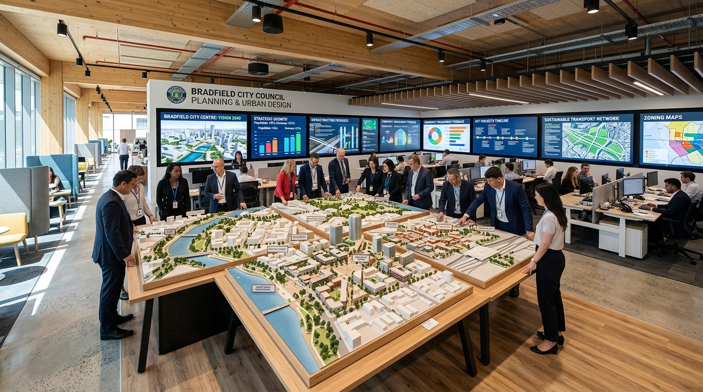 Council planning office with Bradfield City Centre scale models and digital planning charts