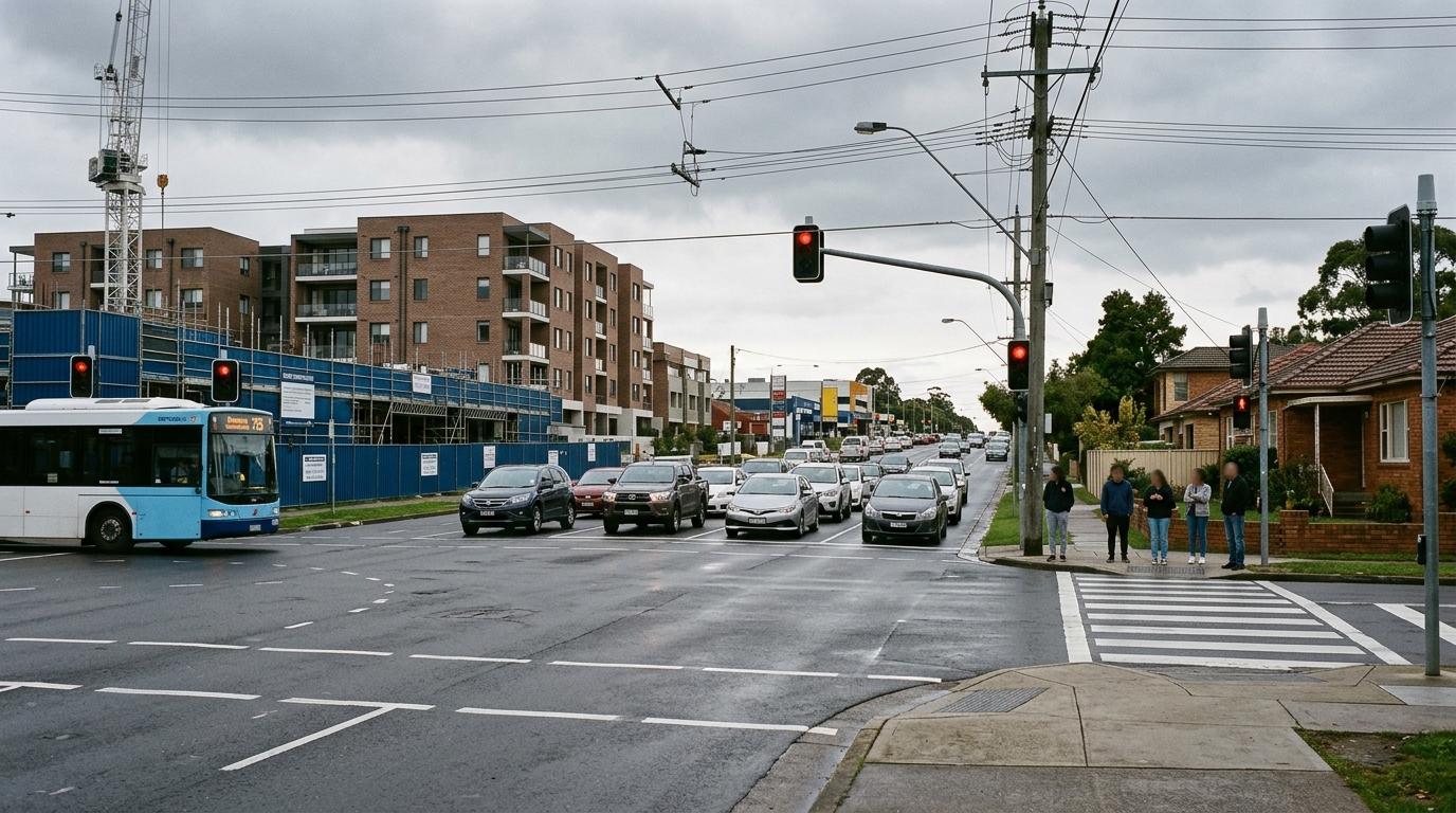 Suburban arterial road intersection with queued traffic and new apartment construction on one corner in Western Sydney