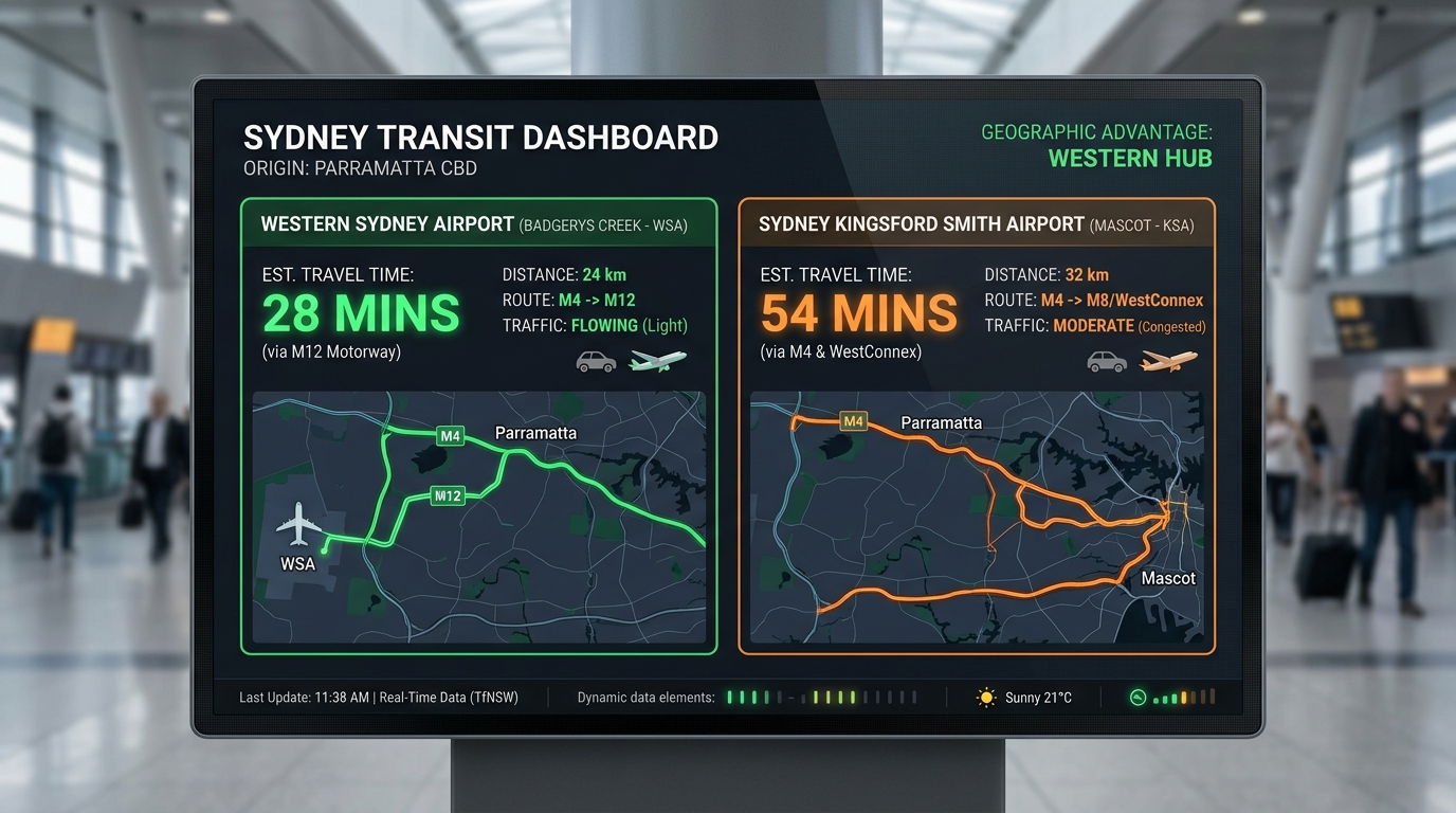 A digital dashboard rendering comparing real-time transit times from Parramatta CBD to both Mascot and Badgerys Creek airports demonstrating the clear geographical advantage of the western hub