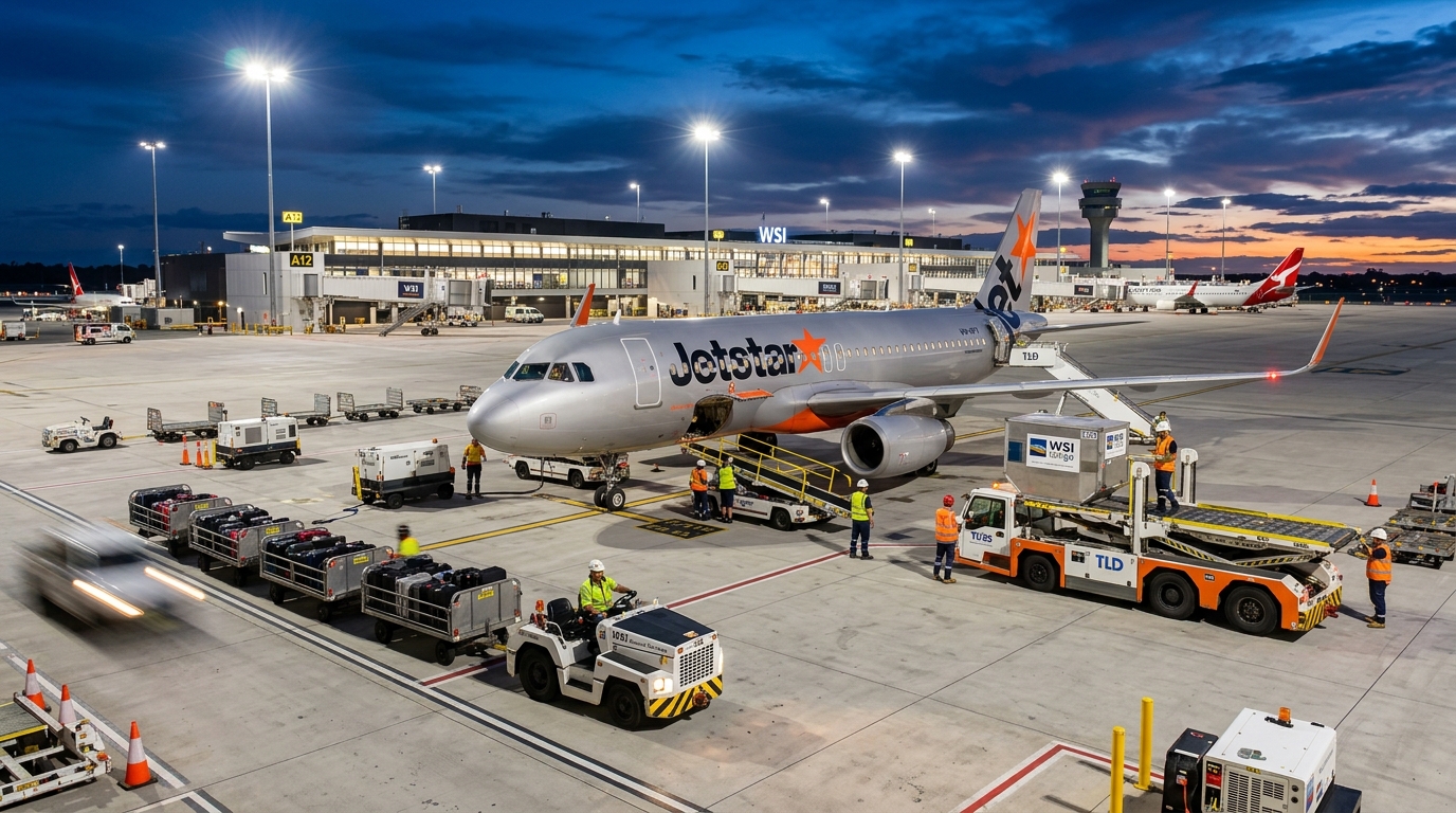 An open-air wide shot showing ground crew personnel efficiently operating baggage tugs and container loaders around a domestic jet on the brightly illuminated WSI apron at twilight