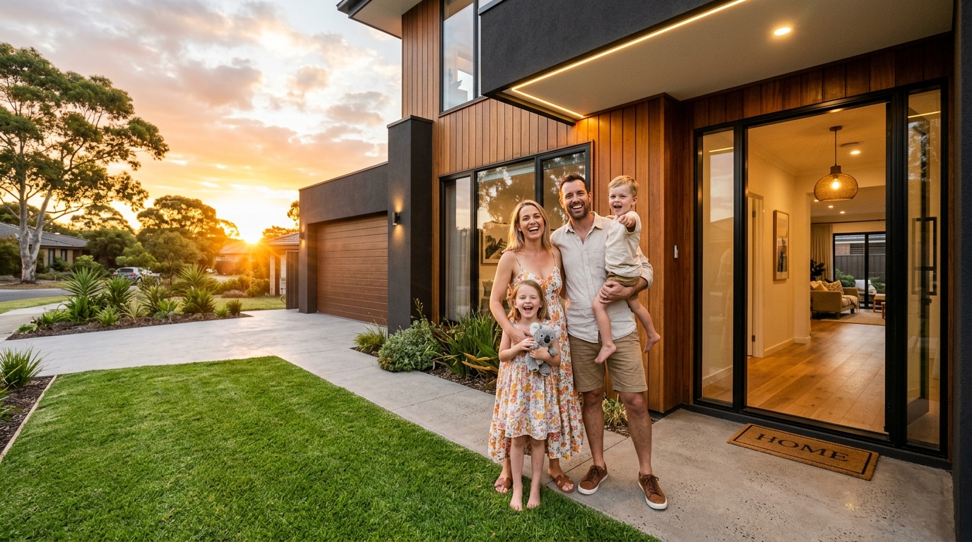 Happy family in modern Australian home after successful land registration and settlement