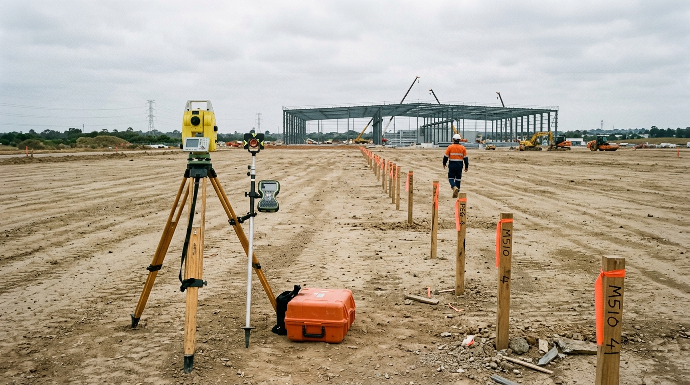 Survey tripod and pegs with orange flagging on cleared industrial development land at Kemps Creek