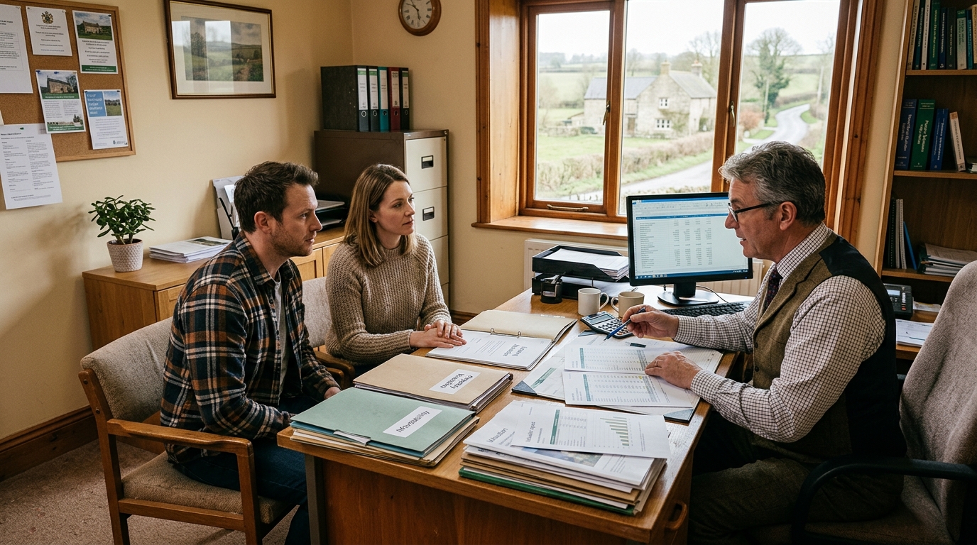Rural property buyers meeting with an adviser to review finance and due diligence documents before purchase