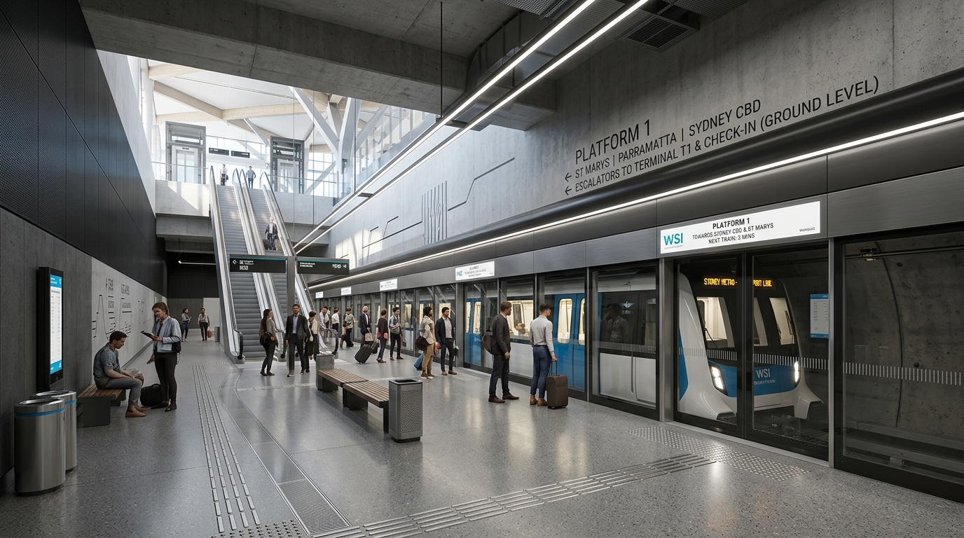 Architectural rendering of underground metro train platform directly beneath the primary Western Sydney International Airport passenger terminal showing full-height glass platform screen doors and minimalist wayfinding signage